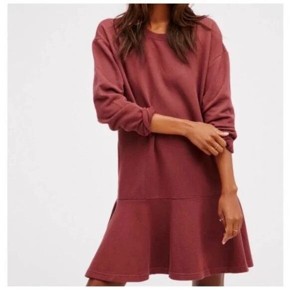Free People Beach Womens Red Long Sleeve Oversized Peplum Terry Dress XS - Picture 1 of 9
